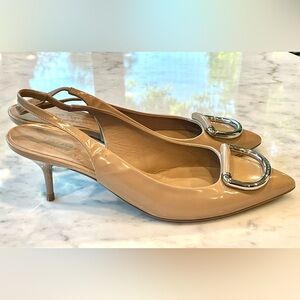 Burberry Patent Leather Slingback Heels, beige w/silver buckle accent, 39 1/2